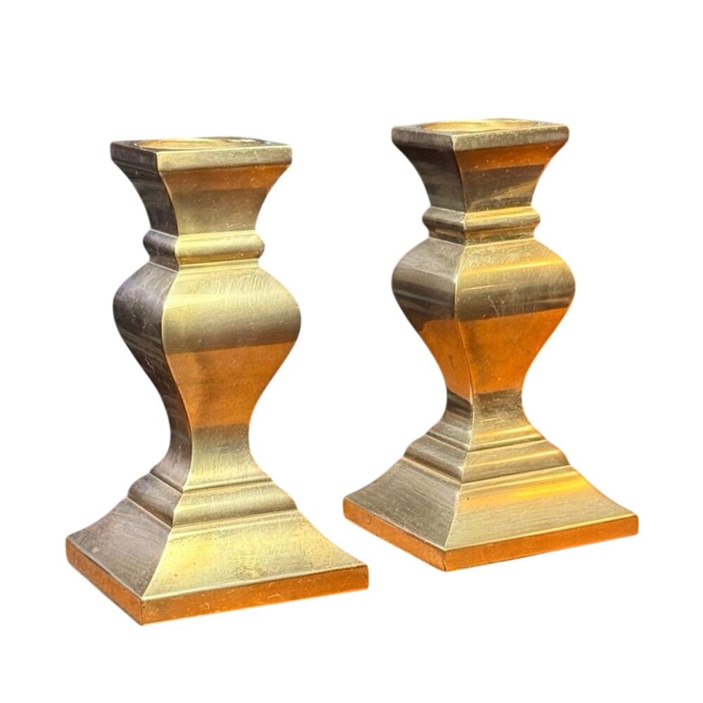 Vintage Heavy Solid Brass Candlesticks Pair Square Pedestal Base MCM Traditional